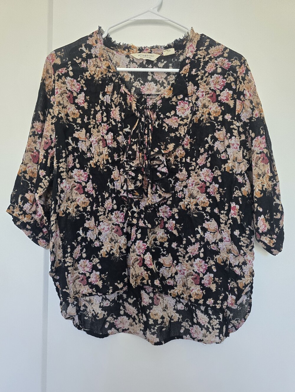 Ralph Lauren Denim & Supply Black Floral Ruffle Tie-Neck Blouse 100% Cotton